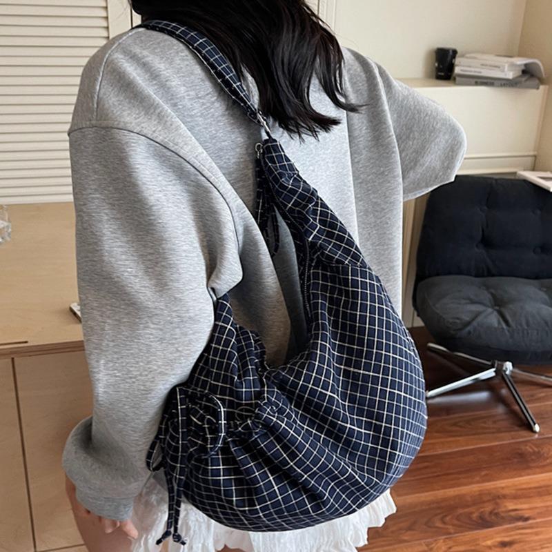 New plaid drawstring college student cloth bag for commuting to work shoulder bag preppy style casual crossbody dumpling bag