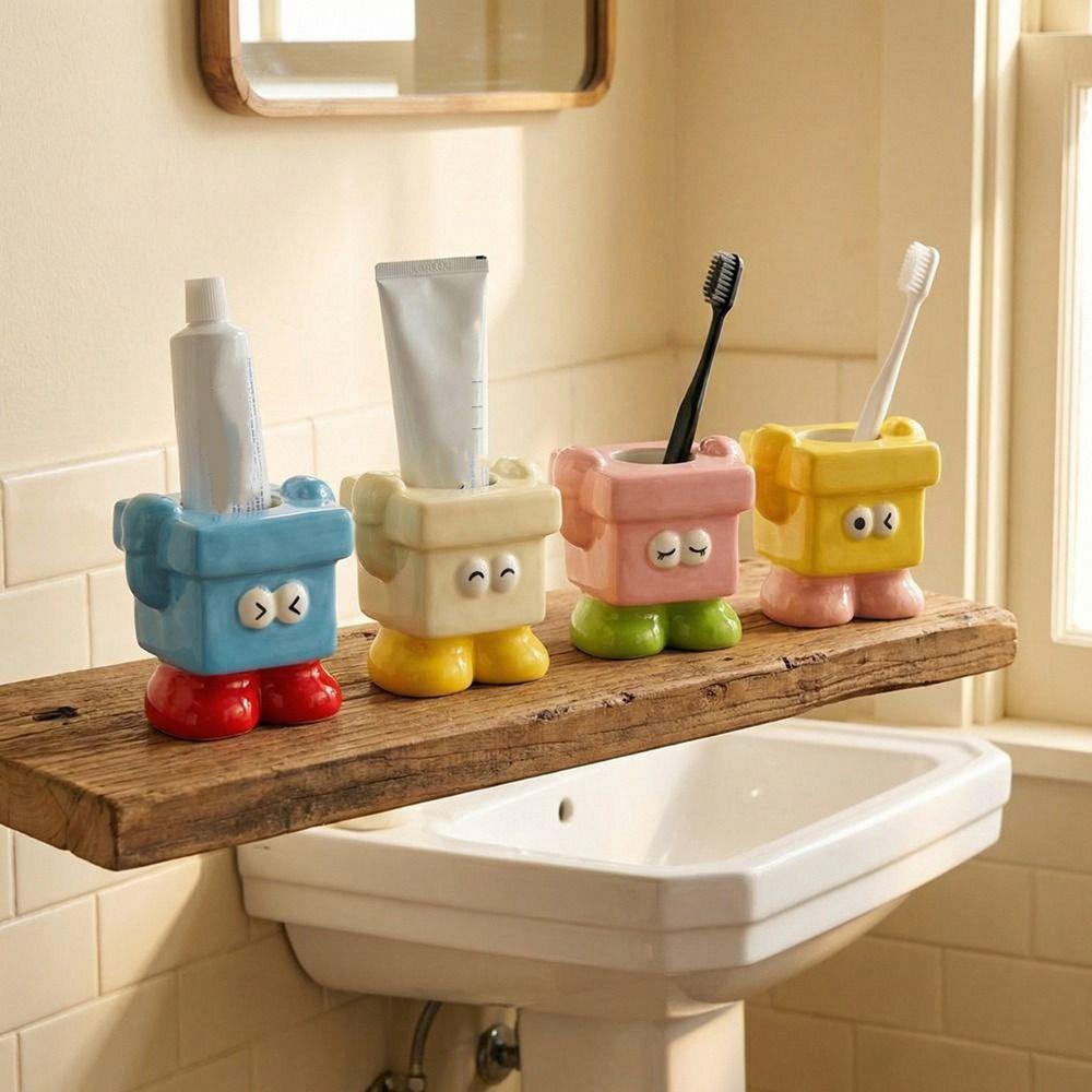 Ceramic Dopamine Toothbrush Holder Cute Stable Manual Toothbrushes Holder Free Standing Decorative Toothpaste Storage Shelf