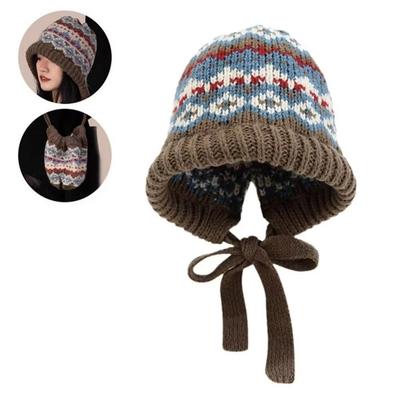 Retro Striped Knitted Woolen Hat Thickened Windproof Beanie Cap Ethnic Style Cold-proof Strap Ear Protection Hat for Women