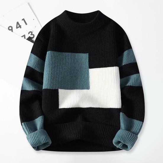 Fall Winter Men Sweater Colorblock Knitted Thick Loose Warm O Neck Long