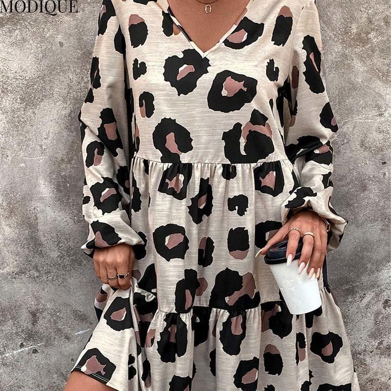 MODIQUE 2025 Summer Plus Size New Women's Casual Sexy Leopard Printing Waist Flowing Short Dress Ladies Loose A-Line Hot Long Sleeve V-Neck Dress