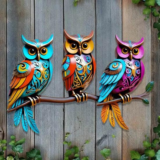 Colorful Acrylic Outdoor Hanging Wall Art 2D Owl/Bee/Flowers Wall Sculpture for Outside Garden Fence Patio Yard Decor