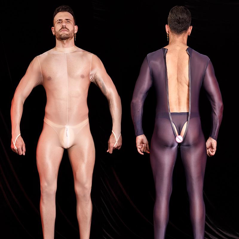 Tuta da uomo sexy, collant lucidi e lucidi, maniche lunghe, tute elastiche alte, body esotico, tuta sottile e trasparente, calze autoreggenti