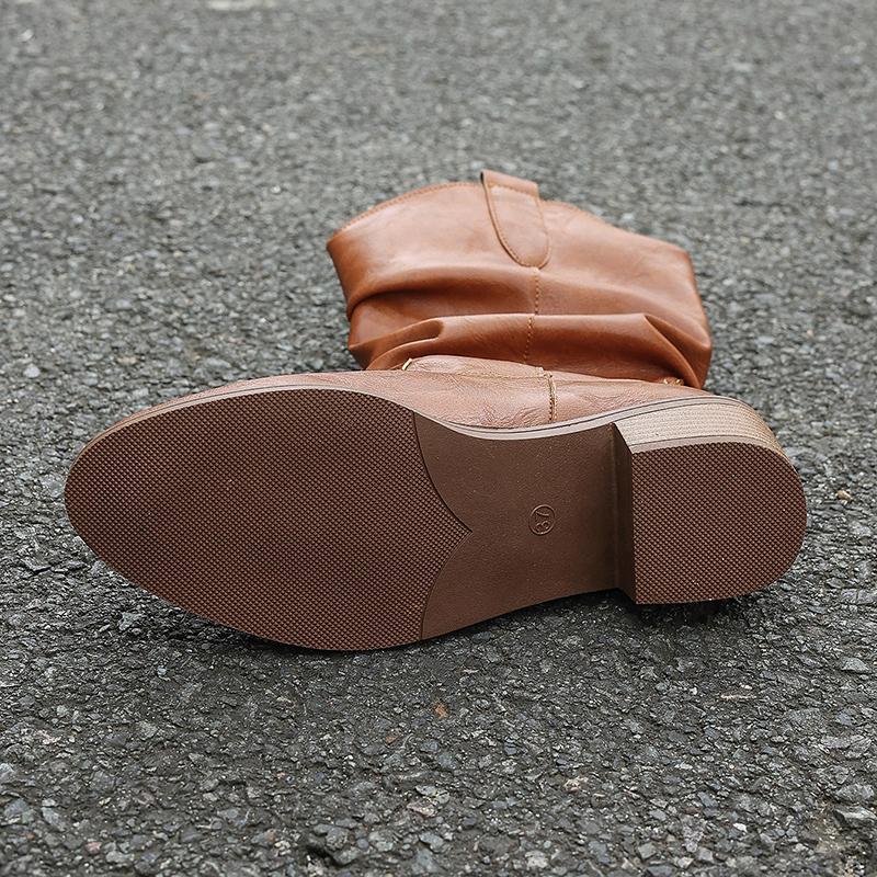 fashion Brown Pu Leather Mid Calf Boots Women Autumn Winter Vintage Chunky Heeled Cowboy Boots Woman Loose Tube Pleated Western Booties