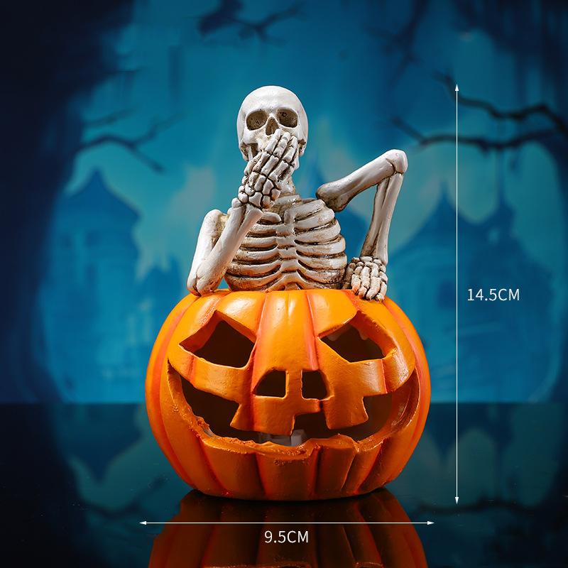 

Halloween Pumpkin Skeleton Figurine Spooky Ghost Festival Skull with LED Lights Resin Crafts Sculpture Home Office Desktop