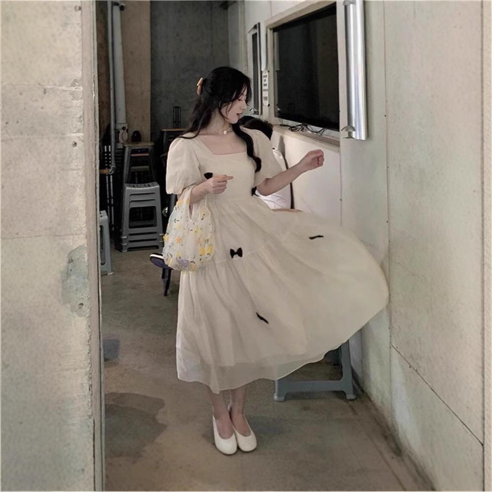 French Retro Puff Sleeve Midi Dress - Summer 2024