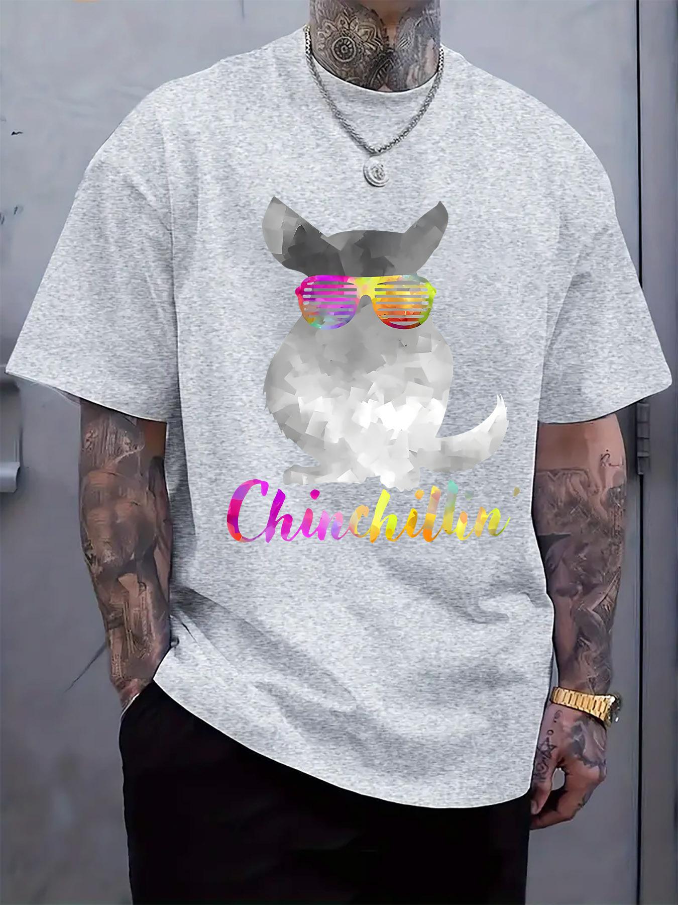 Chinchillin Graphic T-shirt - Gray Casual Summer Tee with Fun Fashion Glasses Chinchilla Print S