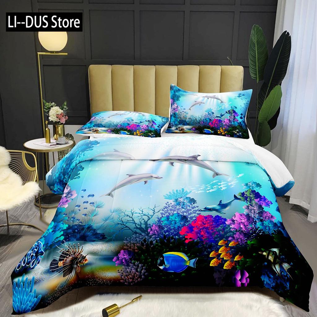 Blue Dolphin Bedding Set Comforter Queen Full SizeOcean Animal Bedding for Boys Kids Teen Boy Bedding with Pillowcases 3pcs