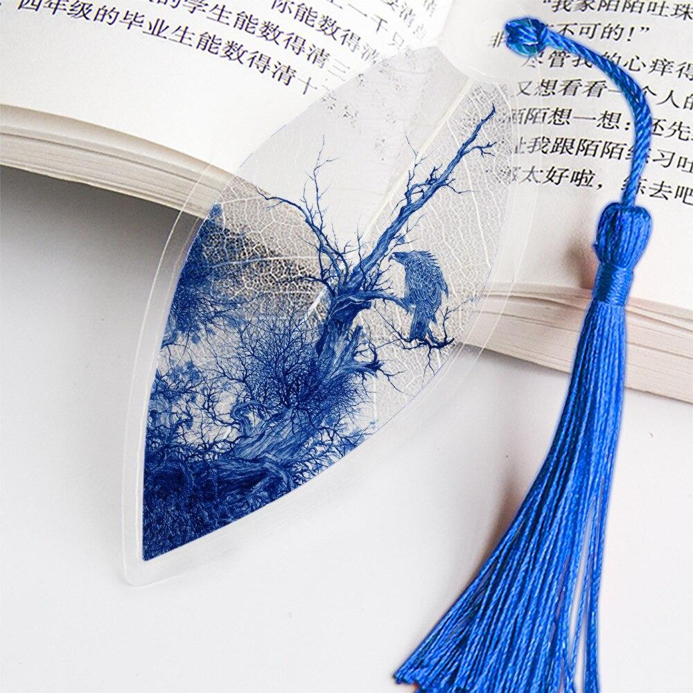 1PC Creative Chinese Archaic Bookmark with Tassels Pretty Blue and White Porcelain Leaf Vein Gift or Friend Student School Supplies