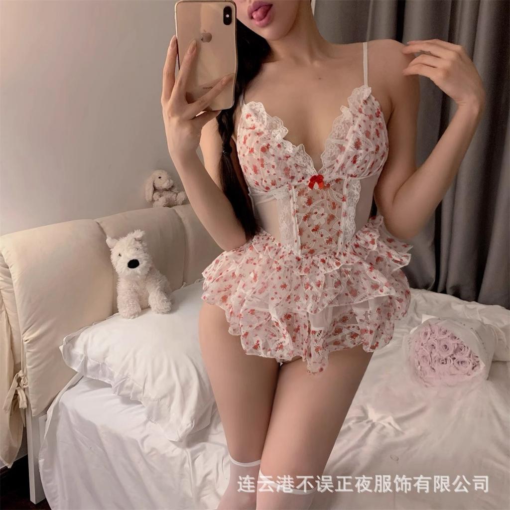 Sex underwear sexy cherry floral suspender cake skirt pure desire cute pajamas temptation set qq