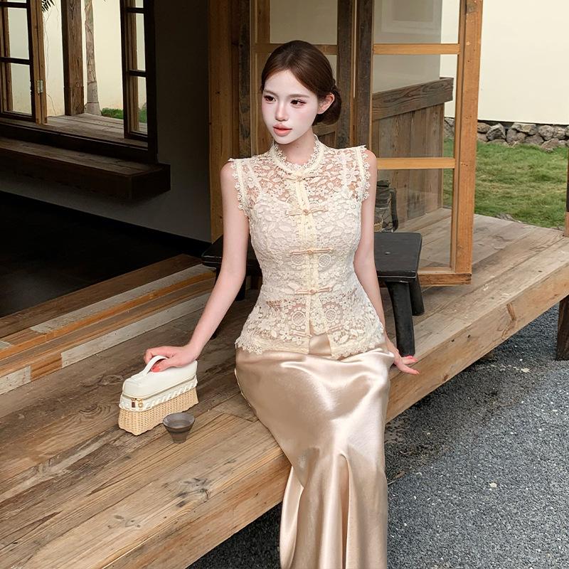 Summer 2026 Elegant Three-Piece Set: Lace Embroidered Top with Straps, High-End Satin Mermaid Skirt.