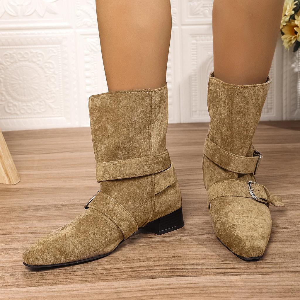 Winter Short Fur-lined Leather Buckle Women's Ankle Boots Large Size Fashionable Pointedtoe Short Boots Elegant Low-heeled Boots