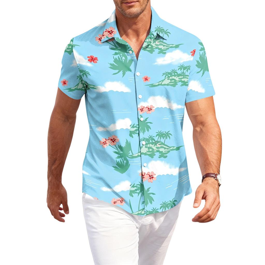 Men's Casual Loose Fit Hawaiian Short Sleeve Shirt Lightweight Button Down Tropical Printed Shirt for Summer Beach Vacation