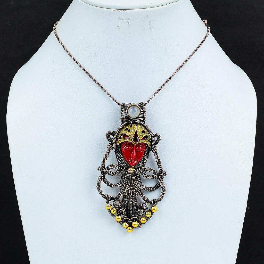 Carved Red Face & Moonstone Jewelry, 999 Copper Wire Wrapped Pendant Handmade Gemstone Jewelry, Gifts For Wife Brand New Pendant