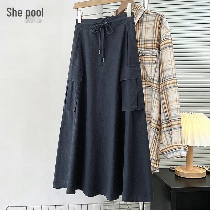 Women s High-Waist Drawstring Workwear A-Line Midi Skirt L