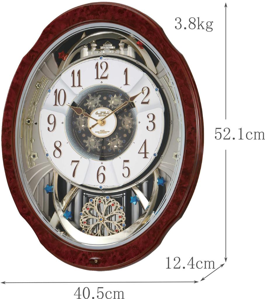 RHYTHM Wanduhr Radio Analog Karakuri Small World Bloom GO 30 Lieder Melodie Braun Maserung Small World 4MN499AZ23 Braun (Holzfinish) 52,1 x 40,5 x 12,4 cm
