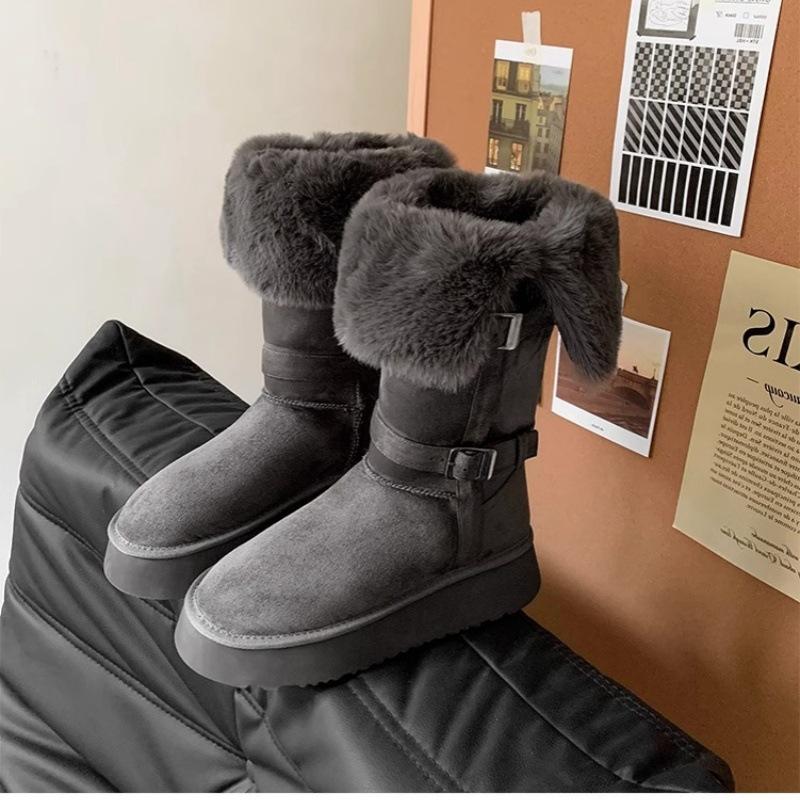 Tall boots, warm cotton shoes, Northeast snow boots, women's winter piled and thickened gray thick-soled heightening fluffy short boots