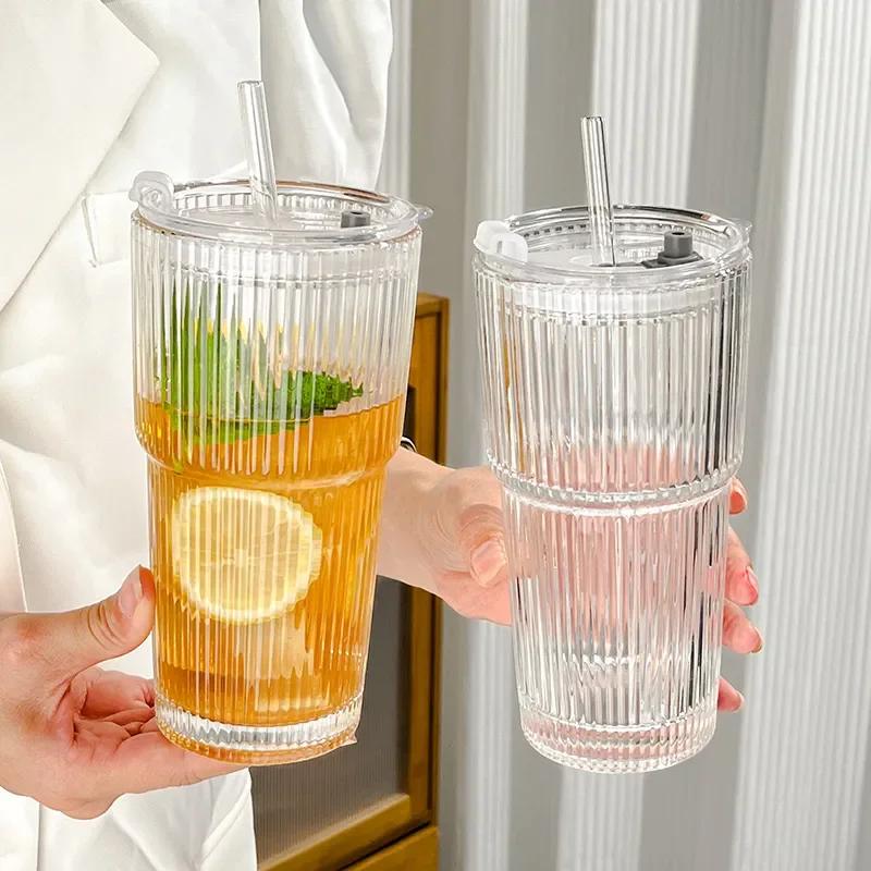 600ML Stripe Glass Coffee Cup With Lid and Straw Transparent Drinking Glasses for Juice Milk Tea Cups Iced Coffee Mugs Drinkware