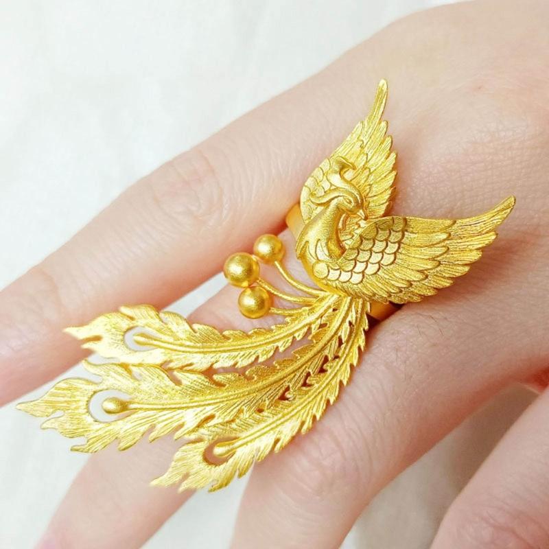 

Luxury Gold Plated Phoenix Rings for Men Women Engagement Wedding Ring Bride Jewelry Chinese Style Ring Gifts