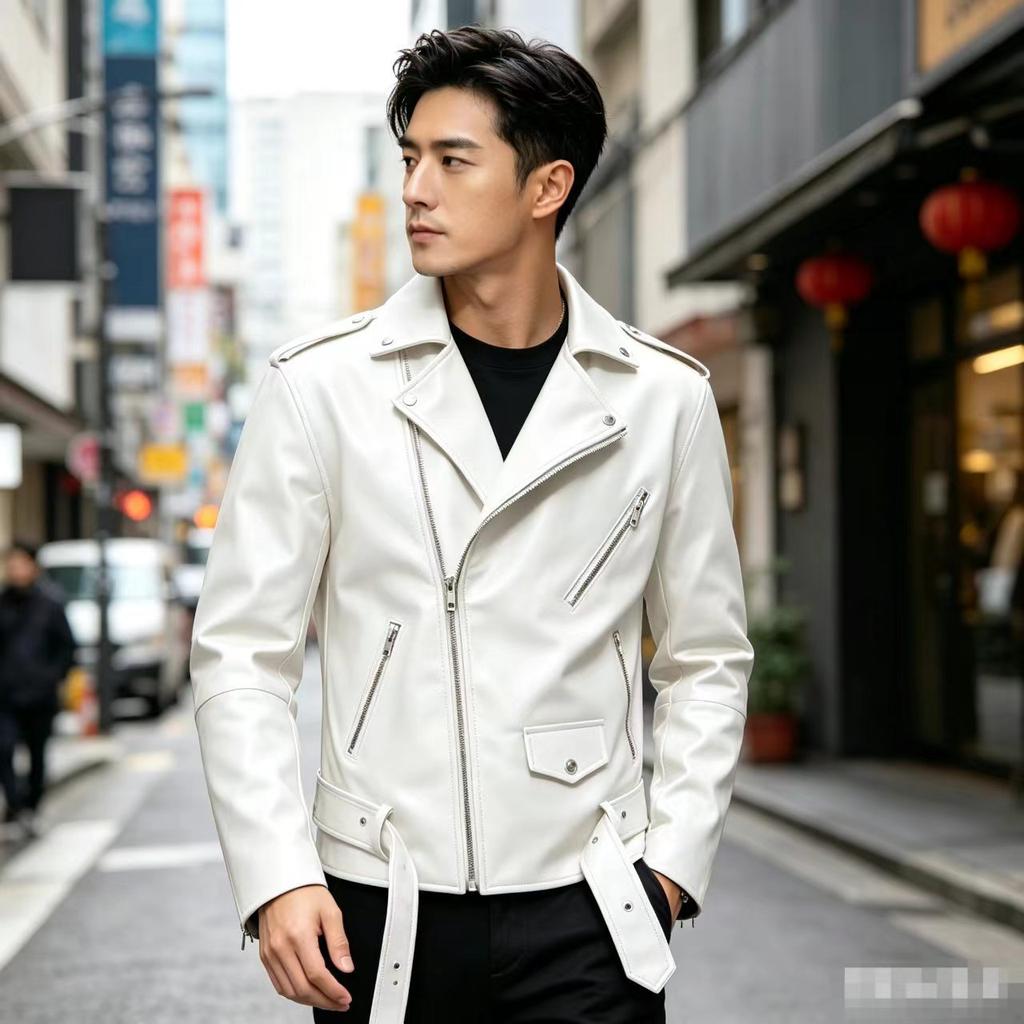Autumn and winter new men's clothing washed leather jacket shoulder badge belt model locomotive large size men's leather jacket locomotive jacket