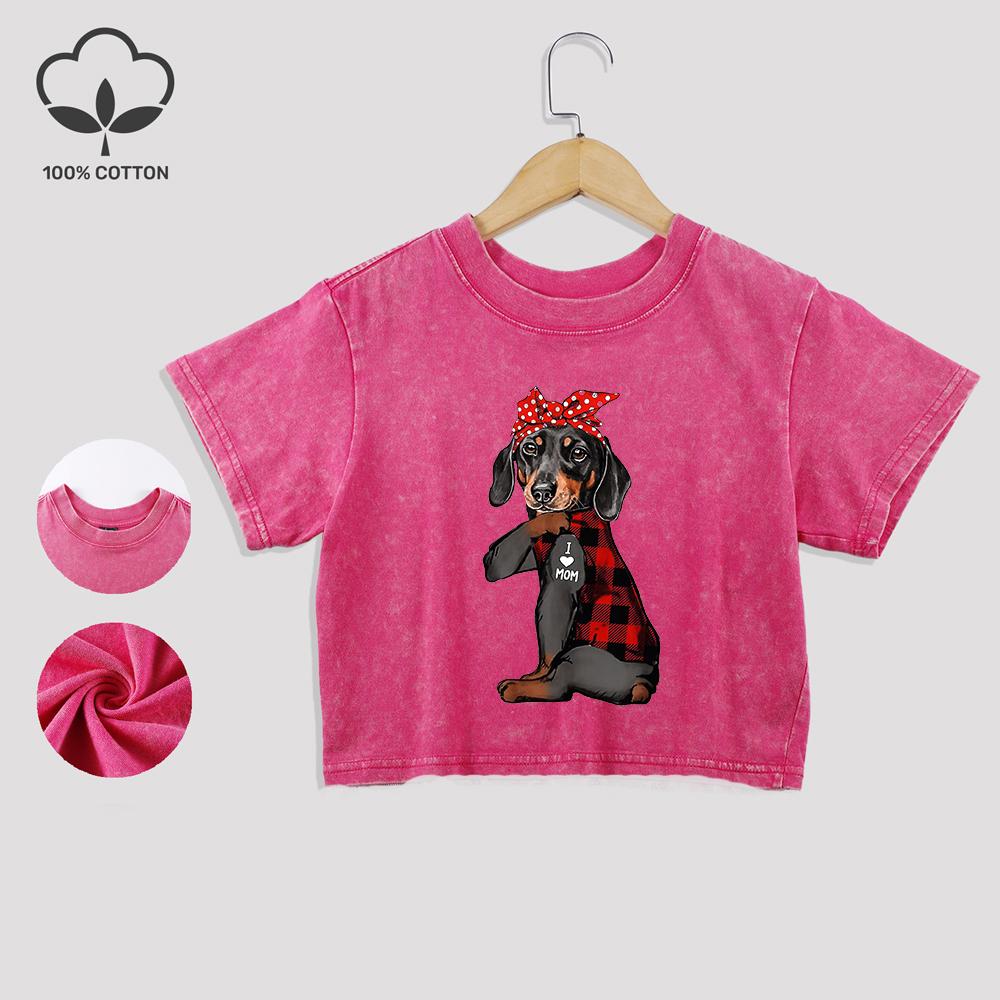 

Футболка хлопковая вареная с принтом надписи «Bow Dog I Love Mom», трендовый укороченный топ с кружевной отделкой подола, с круглым вырезом, обычного кроя, одежда XL