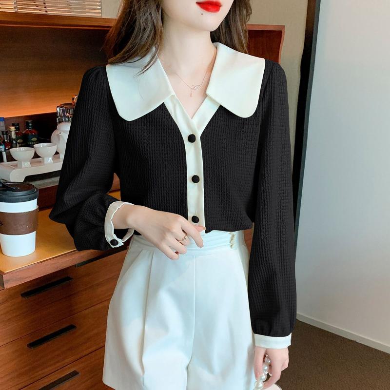 

Весенне-осенняя женская рубашка, свободная повседневная рубашка с длинными рукавами, шифоновая рубашка, модная нижняя рубашка в западном стиле S чёрный