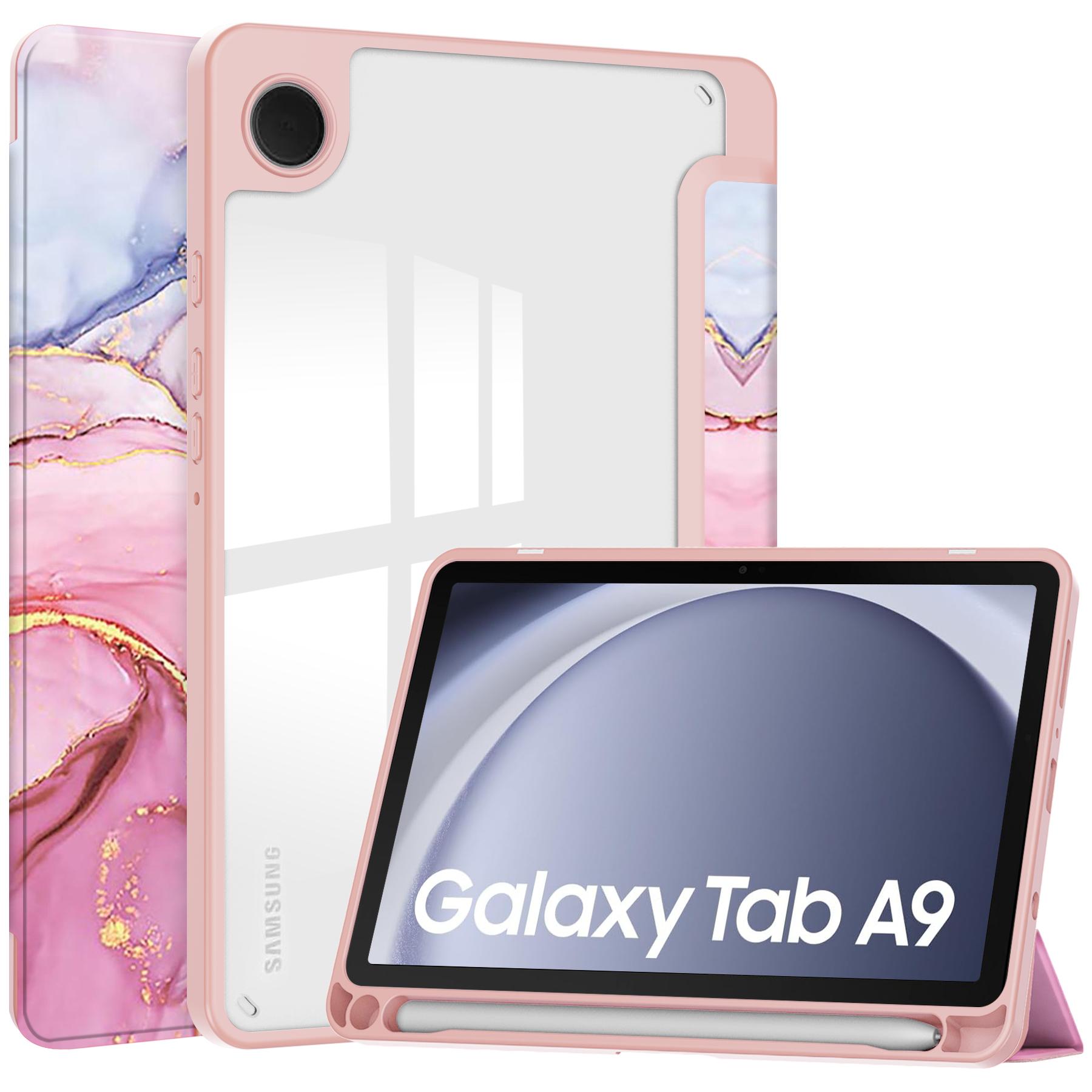 

Чохол для планшета Samsung Galaxy Tab A9, трискладна підставка, друк візерунка, прозора акрилова шкіряна обкладинка Pink Marble
