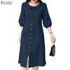 Women Casual Round Neck Solid Color 3/4 Sleeve Dress
