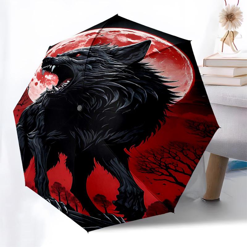 1 Stück Wolf Heulender MondÖffnen/Schließen Regenschirm-Winddicht, Kompakter Reise Regenschirm, Stabiler 8-Speichen Schaft, Outdoor Zubehör1158