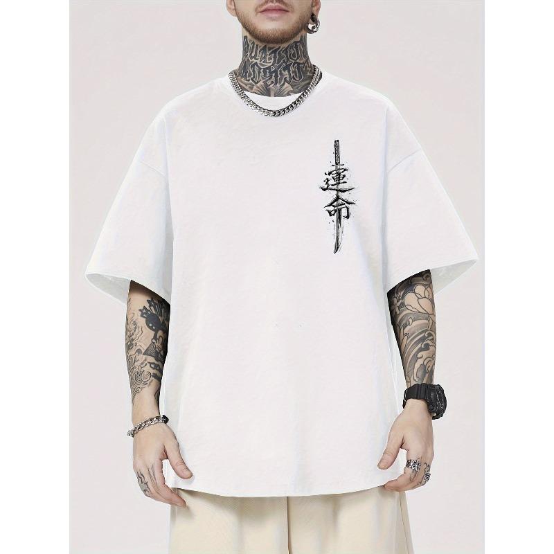 Evropské velikosti Pánské bavlněné tričko s vysokou gramáží s potiskem japonského samurajského meče a kanji - Retro vintage design japonské mangy