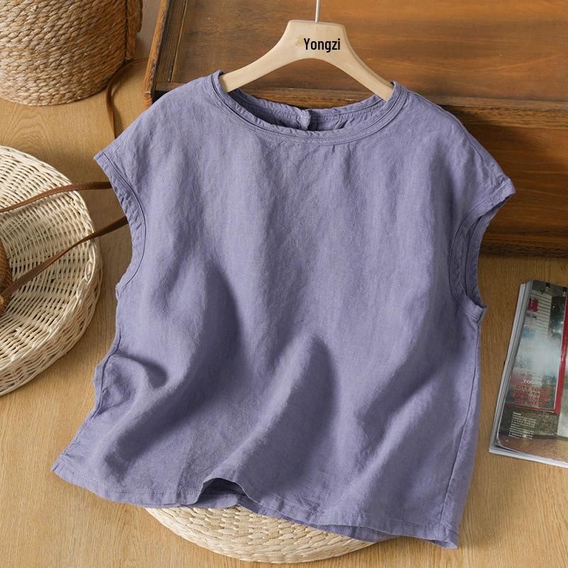 

2026 Summer New Arrival: Retro Artistic Plus Size Cotton Linen Short Sleeve Loose Top Large фіолетовий