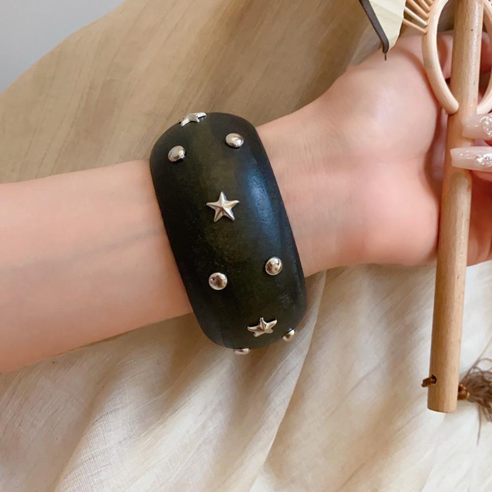 Punk Wooden Bracelet Wide Rivets Bangle Vintage Round Bracelet  Women