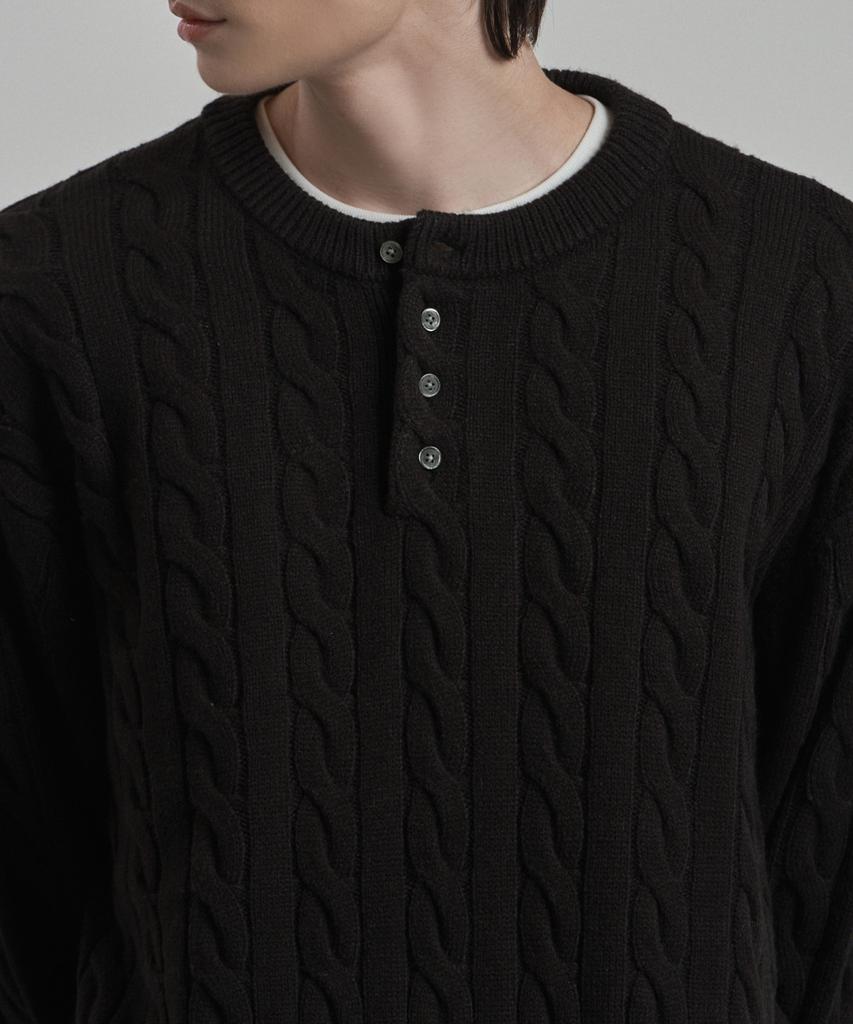 WORK ON BODY OFF Tord Semi-Overfit Cable Henley Neck Knit [Black]