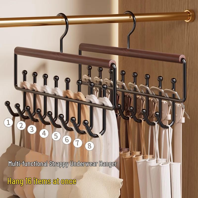 Solid Wood Multifunctional Strappy Vest Hanger with Multiple Hooks for Home and Dormitory Use