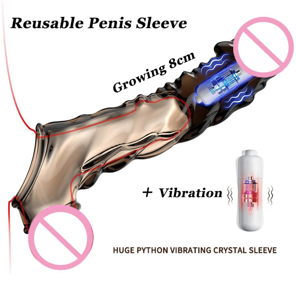 Silicone Penis Sleeve Enlargement with Mini Vibrator Cock Ring Extender Reusable Dildo Penis Enlarger for Adults Sex Toys