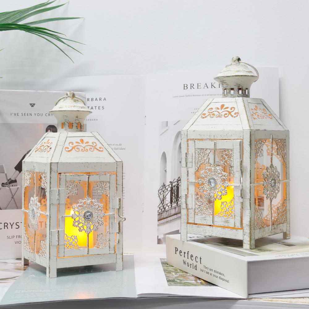 2Pcs Vintage Candle Holder White Lantern 9.5" High Metal Candle Lantern Hanging Lantern for Wedding Parties Home Decor
