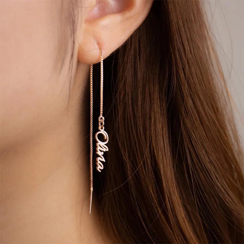 Custom Name Long Pendant Earrings Personalized Chains Ear Studs Custom Stainless Steel Letter Name Earrings Wedding Gifts