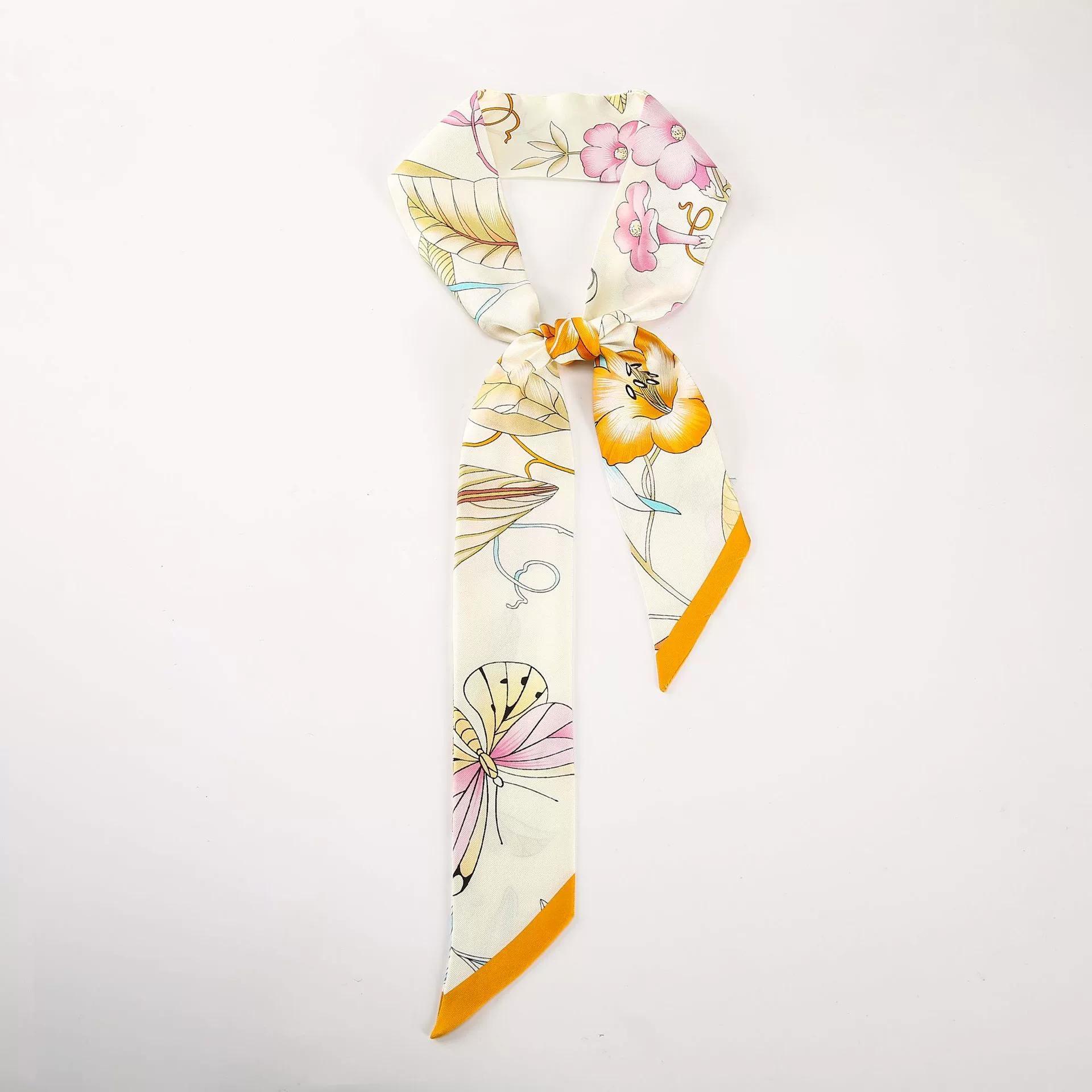 

6*125CM Long Luxury Design 100% Silk Scarf Women Sweet Hair Tie Skinny Bag Scarves Neckerchief 125x6cm