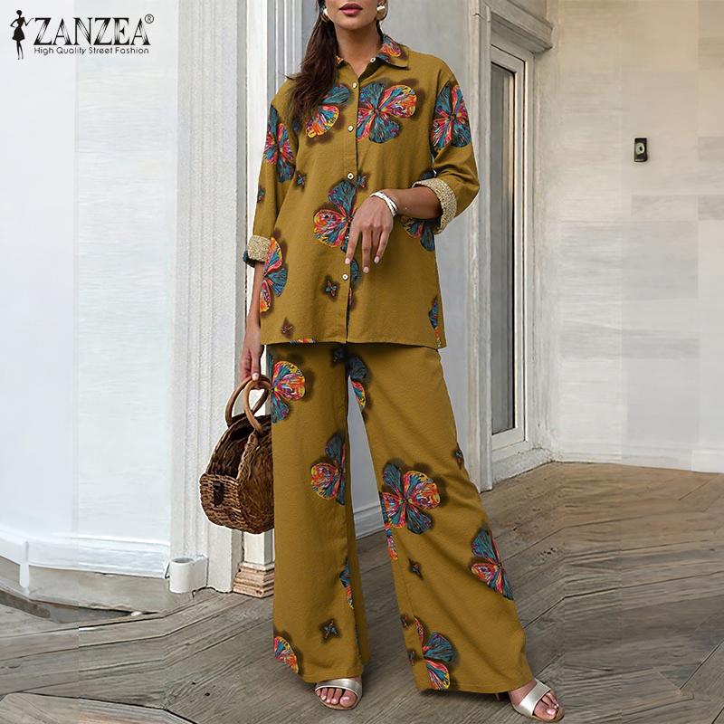 ZANZEA Women Long Sleeve Blouse and Pants Floral Print Two Piece Suit Sets
