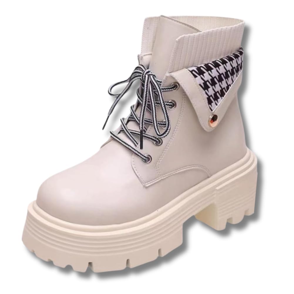ALVEIN Platform Houndstooth Short Boots Japanese Shoe Women's High-Top Fleece-Lined Lace-Up (Off-White, Sizes, Adult, 23.0 cm)