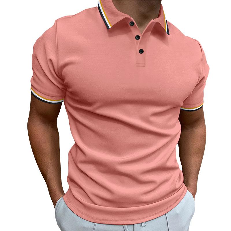 New Men's Slim POLO Shirt Ribbed Striped Lapel Buttons Solid Colour Splicing T-shirt Tops