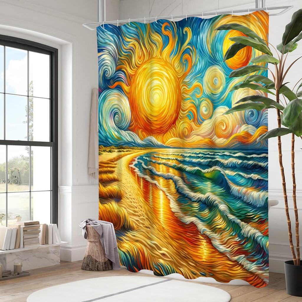 Sunflower Pattern Shower Curtain, Bathroom Shower Waterproof Curtain with 12 Hooks, Fish Shaped Home Decoration, Free Delivery