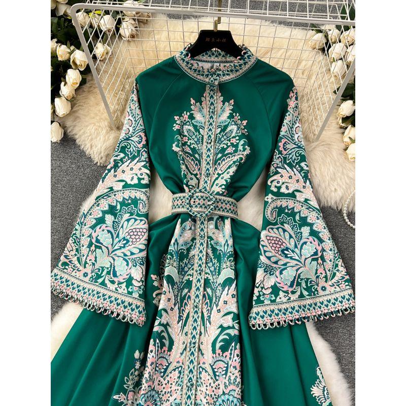 Spring New Arrival French Style Vintage Court Style Print Dress Women's Fancy Loose Fitted Waist Flare-Sleeve Dress