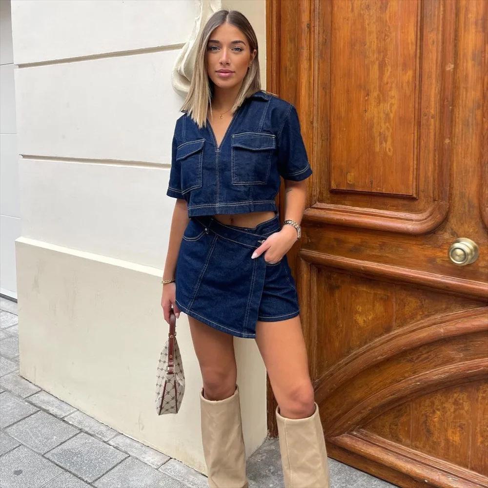 Doppelreihiger V-Ausschnitt Pullover Denim Top & Hochtaillierter Denim Rock Set