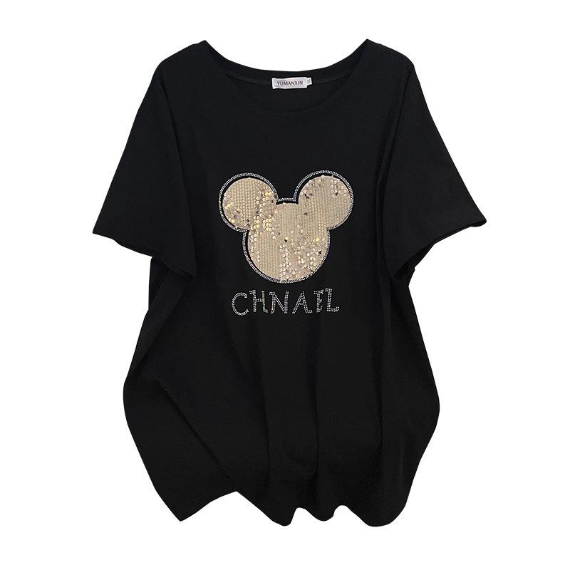 Plus Size Loose Mid-Length Short-Sleeve T-Shirt for Women - Round Neck, Slimming Design, Covers Belly, Available in Sizes 200/300/350 jin, Style 636