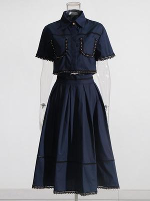 Women's Lace Embroidered Lapel Top & High-Waist Mid-Length Skirt Set (2025 Summer)