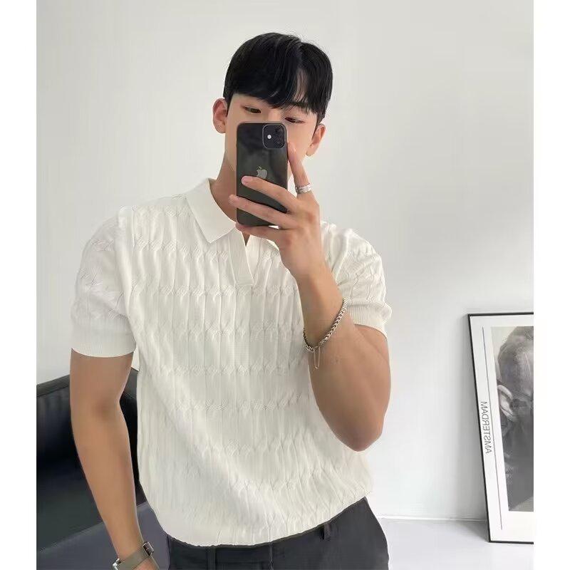 Men's Summer Slim Fit Polo Shirt - Korean Style, Turn-Down Collar, Solid Color, Casual Thin Knit