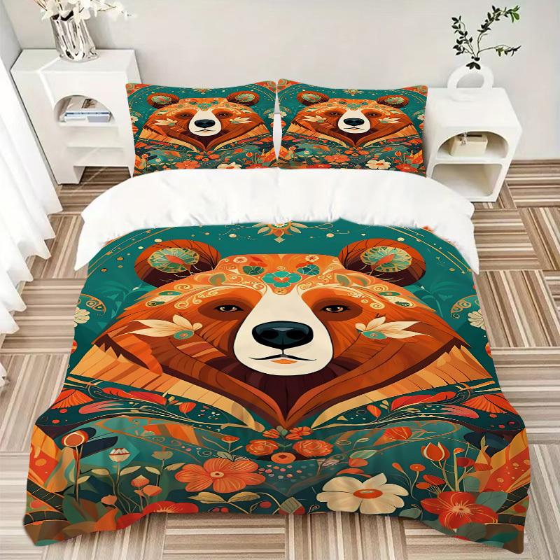 3pcs bedding set Floral Bear Includes 1 Comforter + 2 Pillowcases, Without Pillow Inserts, Soft Comfortable, Lightweight Breathable034