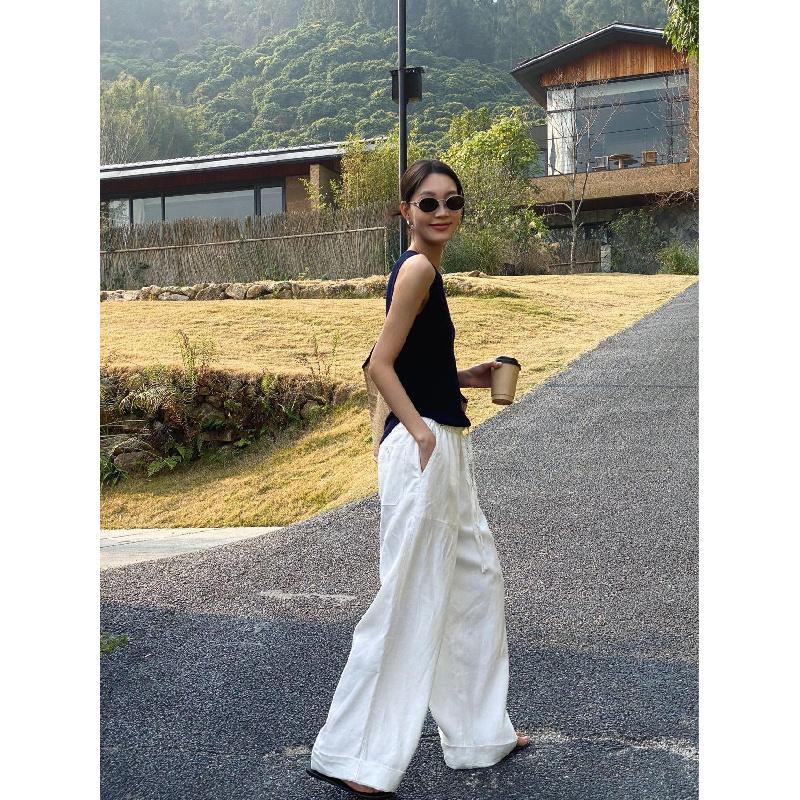 White cotton-linen wide-leg pants for women, 2026 spring-summer casual high-waisted drapey relaxed trousers