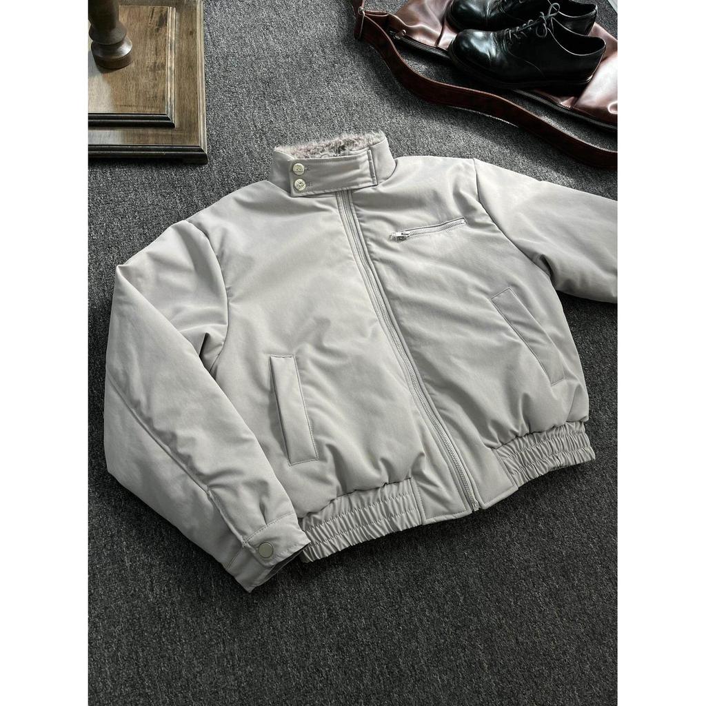 Cement Gray Winter Warm Fur Collar Cotton Harrington Bomber Jacket